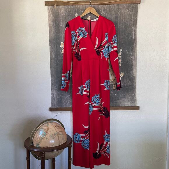 Diane Von Furstenberg Red Floral Print Crossover Farren Jumpsuit Size Medium - Picture 5 of 9